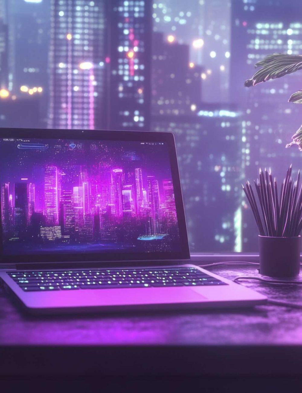 Cyberpunk style desk at night with plants, a robot, and a laptop open to a futuristic city view
